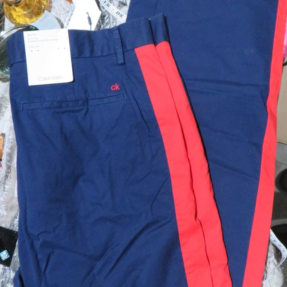 Calvin Klein Men Blue Red Marching Band Stripe Slim Twill Pants Nwt 38 X 30 Nwt